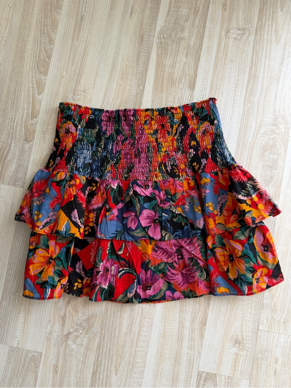Olivaceous Multicolor Floral Smocked Tiered Mini Skirt